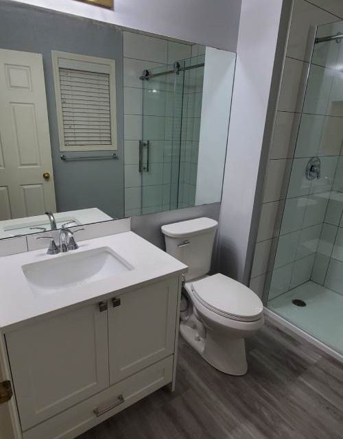White bathroom vanity and toilet