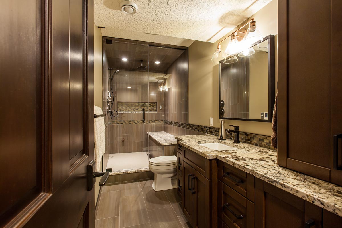 Steam shower and granite vanity, moody espresso bathroom