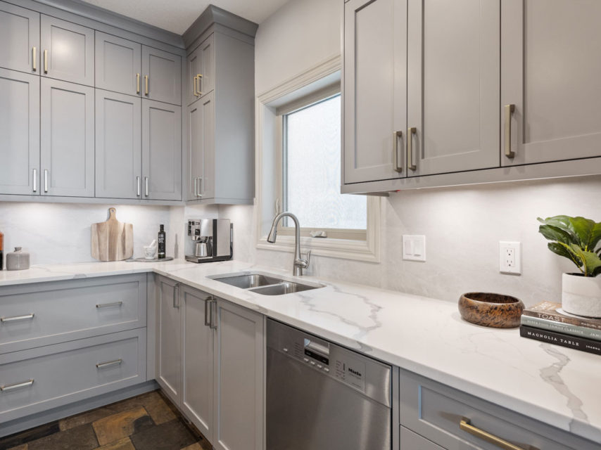 Marda Loop grey shaker kitchen with quartz