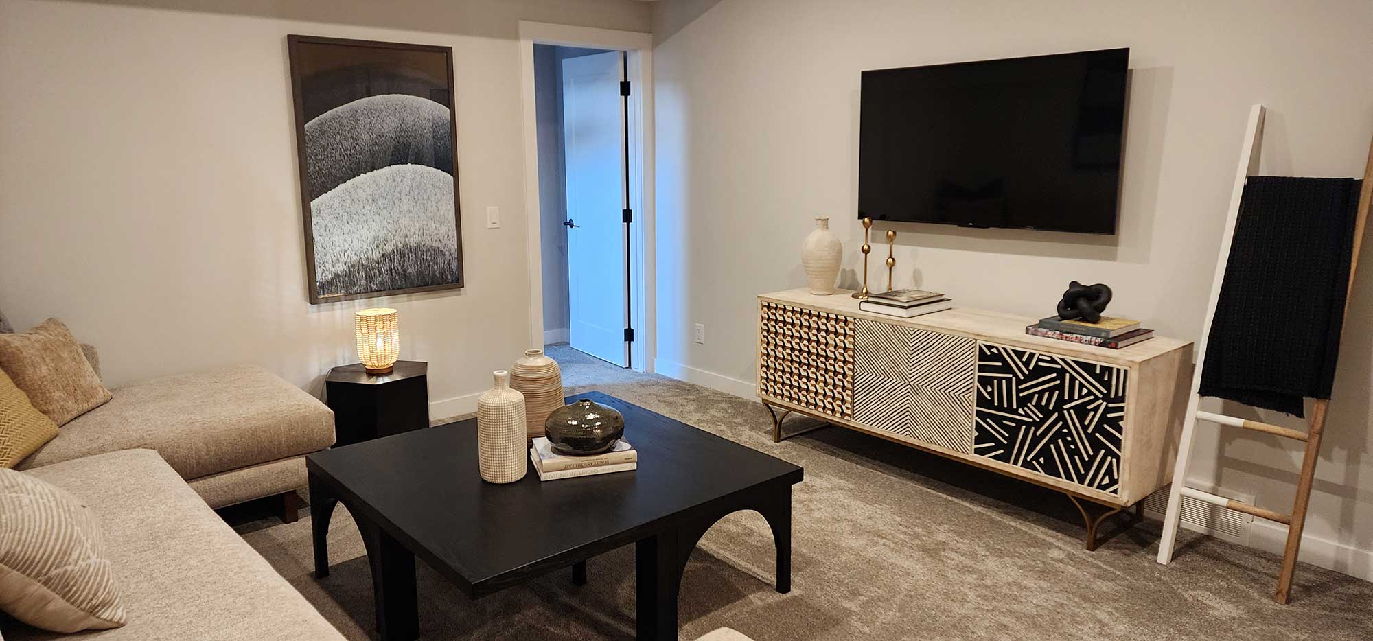 Stone fireplace feature build in Calgary